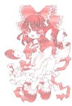  1girl bangs blunt_bangs detached_sleeves dress female full_body hakurei_reimu long_sleeves looking_at_viewer monochrome red ribbon-trimmed_sleeves ribbon_trim simple_background solo touhou white_background wide_sleeves 