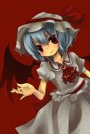  1girl ascot blue_hair blush brooch dress dutch_angle female jewelry red_background red_eyes remilia_scarlet sakusakumonoka short_sleeves simple_background smile solo touhou vampire white_dress white_hat 