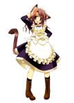  1girl animal_ears bell bell_collar boots brown_eyes brown_hair cat_ears cat_tail choker collar maid minazuki_haruka pigeon-toed ribbon salute simple_background smile solo standing tail 