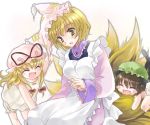  3girls :d :o ^_^ ^o^ animal_ears apron bent_over blonde_hair blush blush_stickers brooch cat_ears cat_tail chen closed_eyes coco_(artist) female gem hat hat_ribbon jewelry long_sleeves multiple_girls multiple_tails nekomata open_mouth pillow_hat red_ribbon ribbon short_hair simple_background smile tabard tail touhou two_tails white_background yakumo_ran yakumo_yukari yellow_eyes younger 