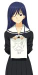  00s 1girl ;) a1 black_serafuku black_skirt blue_hair drawing green_eyes holding long_hair looking_at_viewer maria-sama_ga_miteru ogasawara_sachiko one_eye_closed paper pleated_skirt sailor_collar school_uniform serafuku skirt smile solo 