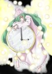  1girl alternate_hairstyle barefoot clock female green_hair kazami_yuuka kazami_yuuka_(pc-98) long_hair lotus_land_story pajamas solo touhou touhou_(pc-98) very_long_hair youkai 