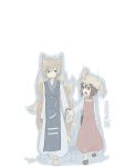  2girls animal_ears blonde_hair brown_eyes brown_hair chen dress female fox_ears fox_tail hand_holding hat hat_removed headwear_removed itsutsu light_brown_hair long_sleeves looking_at_another multiple_girls multiple_tails open_mouth pillow_hat rain short_hair tabard tail touhou white_background wide_sleeves yakumo_ran 