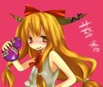  1girl bangs blush bow character_name drunk female gourd hair_bow horns ibuki_suika long_hair looking_at_viewer orange_eyes orange_hair red_bow sakusakumonoka shirt simple_background sleeveless solo touhou upper_body very_long_hair white_shirt 