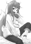  1girl animal_ears anklet ayakura_juu barefoot bread capri_pants eating feet food highres holo jewelry monochrome pants solo spice_and_wolf tail wolf_ears 