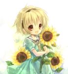  blonde_hair butterfly fang flower hairband higurashi_no_naku_koro_ni houjou_satoko laughing onineko red_eyes short_hair sunflower 