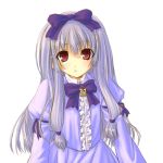  1girl 3.1-tan blush bow bowtie center_frills dd_(ijigendd) dress eyebrows eyebrows_visible_through_hair frills juliet_sleeves long_hair long_sleeves looking_at_viewer os-tan puffy_sleeves purple_bow purple_dress red_eyes silver_hair simple_background solo very_long_hair white_background 