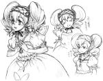  1girl agitha collarbone dress expressions gem jewelry monochrome multiple_views necklace nintendo pendant pointy_ears puffy_short_sleeves puffy_sleeves sad short_hair short_sleeves simple_background the_legend_of_zelda the_legend_of_zelda:_twilight_princess twintails upper_body white_background 