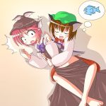  2girls animal_ears blush cat_ears chen des female fish hug multiple_girls mystia_lorelei touhou wings yuri 