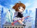  1girl 90s brown_hair card_captor_sakura chibi child d-ten fuuin_no_tsue kinomoto_sakura magical_girl mary_janes school_uniform serafuku shoes solo wand wings 