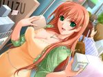  1girl akibakei_kanojo aoi_ren blush breasts cleavage dress dutch_angle game_cg green_eyes hair_ornament hairclip happy jewelry large_breasts long_hair necklace orange_hair pink_hair redhead sano_toshihide shop shopping solo 