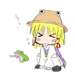  &gt;_&lt; 1girl :p blonde_hair blush_stickers chibi closed_eyes female frog hat lowres morino_harifu moriya_suwako solo squatting tongue tongue_out touhou 