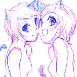  2girls animal_ears cat_ears cat_tail lowres monochrome multiple_girls nude schmooze sketch tail 