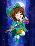  1girl 90s blue_hat brown_hair card_captor_sakura chibi child d-ten fuuin_no_tsue hat kinomoto_sakura magical_girl one_eye_closed pantyhose solo wand white_legwear wink 