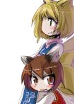  2girls animal_ears blonde_hair brown_eyes brown_hair cat_ears cat_tail chen earrings fang female fox_ears fox_tail jewelry multiple_girls multiple_tails no_hat short_hair single_earring surcoat tail tao tao_(kadoya) touhou white_background yakumo_ran yellow_eyes 