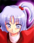  1girl blush dress evil_smile female hair_bobbles hair_ornament lavender_eyes lavender_hair long_sleeves mystic_square one_side_up red_dress shaded_face shinki smile solo touhou upper_body wide-eyed 