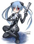  1girl blue_hair busou_shinki cqc gun knife red_eyes reverse_grip solo strarf twintails weapon 