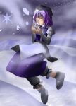  1girl blush closed_eyes female flower hat letty_whiterock purple_hair short_hair snow snowflakes snowing solo touhou 