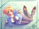  1girl black_legwear blonde_hair boots breasts buckle cecilia_lynne_adelhyde green_background green_eyes gunner-l huge_breasts lying pantyhose smile wild_arms wild_arms_1 