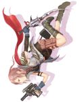  1girl boots brown_hair cape final_fantasy final_fantasy_xiii fingerless_gloves gloves gun lightning_farron miniskirt pink_hair red_cape skirt solo sword thigh_strap uni upside-down weapon 