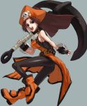  1girl anchor arc_system_works breasts brown_hair fingerless_gloves gloves guilty_gear guilty_gear_x guilty_gear_xx hat ippo long_hair may_(guilty_gear) orange_shirt pantyhose pirate pirate_hat shirt sideboob solo 