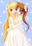  2girls bare_shoulders blonde_hair blush bride brown_hair couple dress duplicate elbow_gloves eye_contact fate_testarossa flower gloves good_end happy hug jewelry long_hair looking_at_another lyrical_nanoha mahou_shoujo_lyrical_nanoha mahou_shoujo_lyrical_nanoha_strikers multiple_girls mutual_yuri necklace one_eye_closed ponytail red_eyes saki_chisuzu smile strapless strapless_dress takamachi_nanoha very_long_hair violet_eyes wedding wedding_dress wife_and_wife wink yuri 