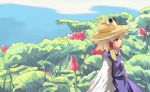  1girl blonde_hair blue_sky day dress extra_eyes female flower hat long_sleeves moriya_suwako outdoors plant profile purple_dress sidelocks sky solo sweater touhou upper_body wide_sleeves 