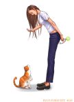  1girl brown_hair cat denim jeans long_hair pants ryu_(ryu&#039;s_former_site) shirt solo white_shirt 