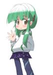  1girl :&lt; casual chibi female hand_in_pocket kochiya_sanae no_nose simple_background skirt solo tao tao_(kadoya) touhou white_background 