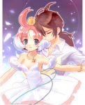  00s 1boy 1girl ahiru ahoge ballerina ballet bare_shoulders blue_eyes bracelet brown_hair closed_eyes couple crown dress fakir feathers head_wings hetero jewelry lowres multicolored_hair necklace pink_hair ponytail princess_tutu princess_tutu_(character) ribbon smile two-tone_hair 