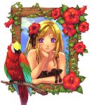  1girl bird blonde_hair flower hibiscus hirano_katsuyuki lowres parrot solo tropical violet_eyes white_background 