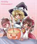  3girls blonde_hair cooking female hakurei_reimu halloween happy_halloween hat kirisame_marisa multiple_girls mystia_lorelei pink_background touhou typo witch_hat yoroi_nau 