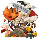  00s 2006 2girls belt black_legwear bow chainsaw dark_skin demon_tail green_eyes grey_legwear halloween happy_halloween horns jack-o&#039;-lantern midriff multiple_girls navel pointy_ears pumpkin ribbon shoes tail tears thigh-highs 