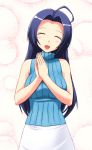  1girl ahoge bare_shoulders black_hair bubble closed_eyes hands_together happy idolmaster long_hair miura_azusa open_mouth own_hands_together sleeveless sleeveless_turtleneck solo takayaki turtleneck 