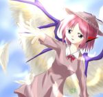  1girl animal_ears bad_anatomy feathers female grey_eyes hat lowres mystia_lorelei outstretched_arm pink_hair poorly_drawn short_hair solo touhou wings 