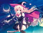  1girl broom broom_riding cape cat hat highres kusukusu marie_rudel moon night night_sky sakura_strasse sidesaddle sky smile solo thigh-highs wallpaper witch 