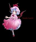  1girl blue_hair dress female fifty full_body hat red_eyes remilia_scarlet short_hair simple_background solo touhou wings 