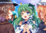  3girls ;d bare_shoulders blonde_hair blue_eyes blush brown_eyes brown_hair day detached_sleeves e.o. fedora frog_hair_ornament green_hair hair_ornament hair_tubes hands_clasped hat japanese_clothes kochiya_sanae long_hair long_sleeves looking_at_another maribel_hearn miko mob_cap multiple_girls one_eye_closed open_mouth outdoors short_hair smile snake_hair_ornament sparkle sunlight touhou upper_body usami_renko wide_sleeves 