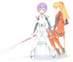 2girls ass ayanami_rei bangs blue_eyes blue_hair bodysuit bracer breasts expressionless from_side full_body gloves hair_ornament hand_holding hand_on_hip holding holding_weapon knees_together_feet_apart lance lance_of_longinus long_hair looking_at_viewer multiple_girls neon_genesis_evangelion number orange_hair pilot_suit plugsuit polearm profile red_eyes redhead shadow short_hair simple_background sitting small_breasts souryuu_asuka_langley spear stool turtleneck weapon white_background 
