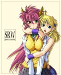  2girls :d banpresto belt blonde_hair blue_eyes blush breasts denim hairband hug hug_from_behind jeans large_breasts long_hair lune_zoldark mecha multiple_girls open_mouth pants pink_hair school_uniform serafuku skirt smile super_robot_wars super_robot_wars_original_generation super_robot_wars_the_lord_of_elemental valsione valsione_r 