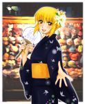  00s blonde_hair blush cagalli_yula_athha flower gundam gundam_seed japanese_clothes kimono short_hair smile 