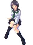  1girl :d arm_support bangs black_hair black_legwear black_skirt blush brown_eyes footwear from_above full_body green_ribbon hand_on_own_knee ishii_akira kneehighs long_sleeves looking_at_viewer miniskirt no_shoes open_mouth original pleated_skirt ribbon school_uniform serafuku simple_background sitting skirt smile socks solo swept_bangs white_background white_blouse 