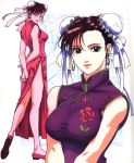  1girl ass bare_shoulders breasts brown_eyes brown_hair bun_cover capcom china_dress chinese_clothes chun-li double_bun dress earrings jewelry large_breasts lipstick looking_at_viewer makeup murase_shuko purple_dress side_slit simple_background sleeveless sleeveless_dress street_fighter upper_body white_background 
