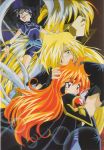  1girl 3boys 90s araizumi_rui armor black_hair blonde_hair blue_eyes blush cape couple faceless flat_chest gourry_gabriev hair_over_one_eye headband hellmaster_phibrizzo hetero highres lens_flare lina_inverse long_hair lord_of_nightmares multiple_boys orange_hair outstretched_arms red_eyes redhead sarong scan slayers slayers_next smile spandex spread_arms surprised very_long_hair wristband 