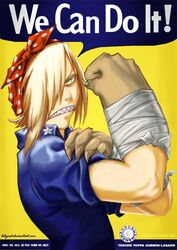  1boy america bandanna blonde_hair bras_d&#039;honneur hair_over_one_eye hand_on_own_arm male_focus noijitatan_monkeybird parody poster propaganda rosie_the_riveter sharp_teeth short_hair solo teeth tengen_toppa_gurren_lagann viral we_can_do_it! yellow_eyes 