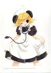  1girl ahoge blonde_hair cable cropped_legs curtsey di_gi_charat dress green_eyes head_tilt highres koge_donbo looking_at_viewer piyoko puffy_short_sleeves puffy_sleeves short_sleeves simple_background solo standing stethoscope white_background white_dress 