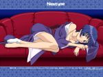  1girl ai_yori_aoshi bangs bare_shoulders barefoot blue_eyes blue_hair blush bob_cut breast_press breasts cleavage couch embarrassed feet footwear indoors japanese_clothes jpeg_artifacts kimono legs letterboxed long_legs looking_at_viewer lying matching_hair/eyes nawa_munenori newtype no_bra obi off_shoulder official_art on_side open_mouth red_upholstery sakuraba_aoi sash short_hair single_sock socks solo tabi unaligned_breasts wallpaper wide_sleeves 