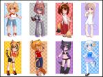  6+girls animal_ears broom cat_ears cat_tail denim dog_ears dog_tail fox_ears fox_tail japanese_clothes jeans long_hair miko mouse_ears mouse_tail multiple_girls original pants red_hakama short_hair shorts spazzykoneko tail tiger_ears tiger_tail torn_clothes 
