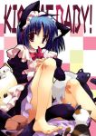  animal_ears barefoot blue_hair cat cat_ears cat_tail covering maid minazuki_haruka mouth_hold red_eyes ribbon sitting tail 