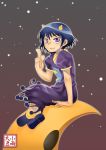  00s 1girl arm_support bangs blue_hair child crescent crescent_moon demon_girl dress flat_chest fringe from_side horns index_finger_raised konjiki_no_gash!! kosame_daizu laila laila_(konjiki_no_gash!!) light_smile looking_at_viewer looking_back moon night night_sky oni_horns outdoors outline pointing puffy_short_sleeves puffy_sleeves purple_dress shoes short_hair short_sleeves sitting sky smile solo star_(sky) starry_sky violet_eyes 